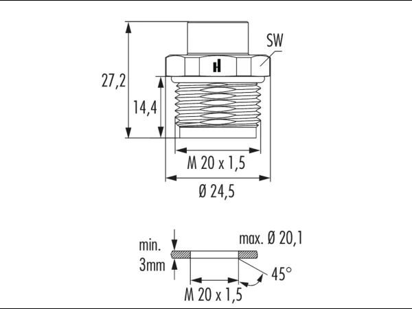 Panel connector female thread, single hole front mounted