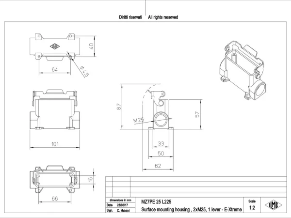 surface mounting housing, size 66.16, E-Xtreme alu, 1 lever, 2xM25 side