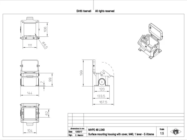 surface mounting housing, size 104.62, E-Xtreme alu, 1 lever, 1xM40 side, cover metal
