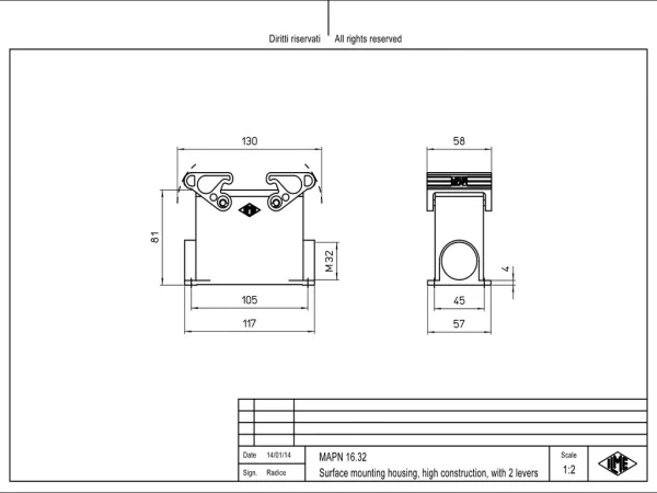 surface mounting housing, high, size 77.27, LS-type alu, 2 levers, 1xM32 side
