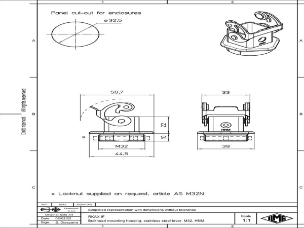 bulkhead mounting housing, size 21.21, HNM alu, 1 lever stainless steel, 1xM32 external