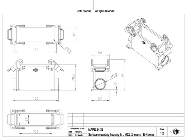 surface mounting housing, high, size 104.27, E-Xtreme alu, 2 levers, 1xM32 side