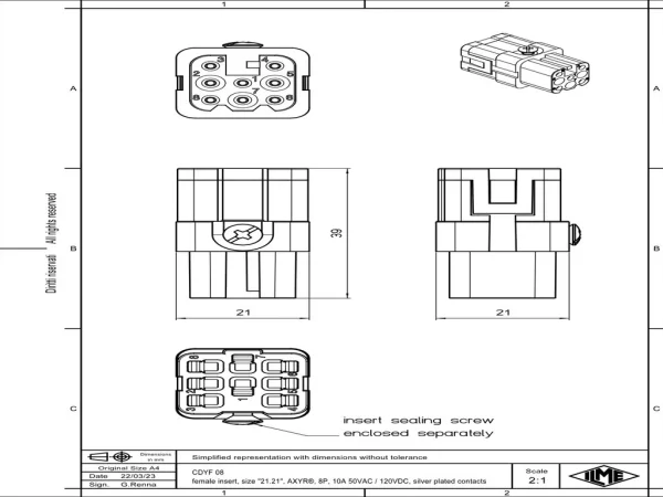 female insert, size 21.21, 8, AXYR® push-in connection, 10A, 50/120V