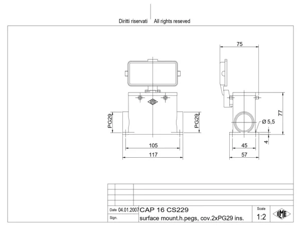 surface mounting housing, high, size 77.27, C-TYPE alu, 4 pegs, 2xPG29 side, cov.