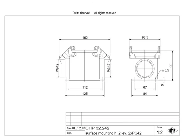 surface mounting housing, size 77.62, C-TYPE alu, 2 levers, 2xPG42 side