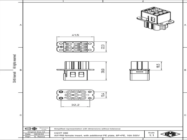 female insert, size 32.13, 8p+PE, AXYR® push-in connection, 16A, 500V