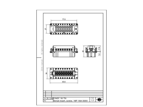 female insert, 16p+PE, silver, screw, 16A, 500V, for size 77.62 no.17-32