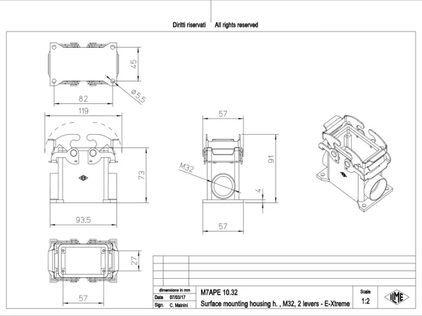 surface mounting housing, high, size 57.27, E-Xtreme alu, 2 levers, 1xM32 side