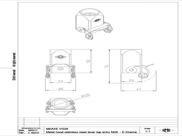 hood, size 21.21, E-Xtreme alu, 1 lever stainless steel, 1xM20 top