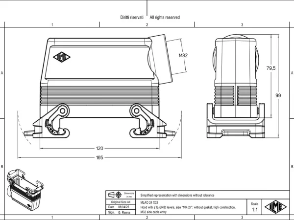 hood, size 104.27, IL-BRID stainless steel, 2 levers, 1xM32 side