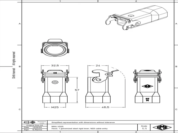 hood, size 21.21, CKA zinc, 1 rigid lever steel, 1xM25 top