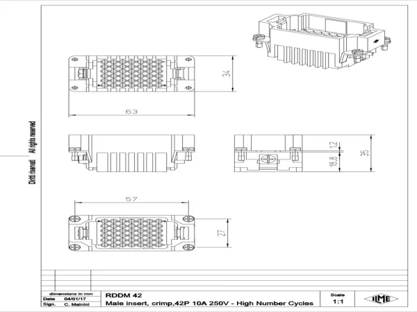male insert, size 57.27, 42p+PE, crimp, 10A, 250V, HNM