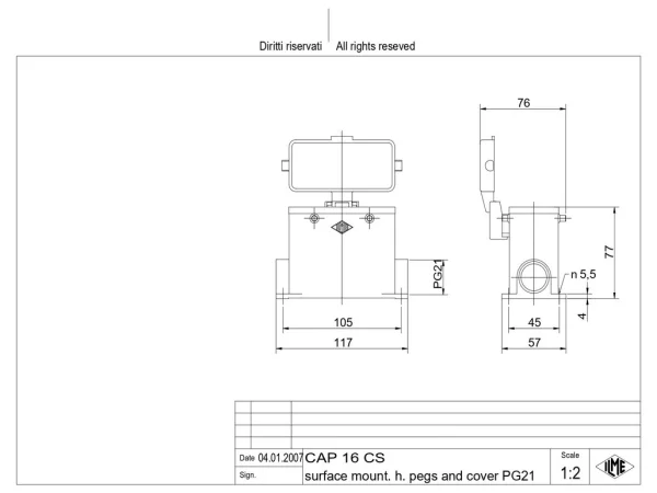 surface mounting housing, high, size 77.27, C-TYPE alu, 4 pegs, 1xPG21 side, cov.
