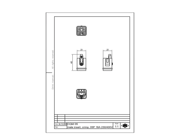 male insert, size 21.21, 5p+PE, crimp, 16A, 230, 400V