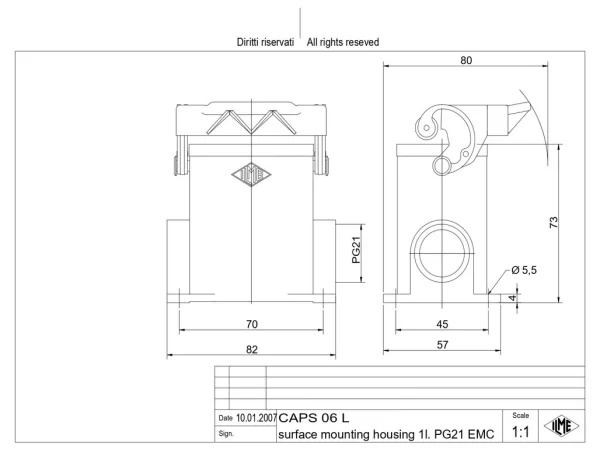 surface mounting housing, high, size 44.27, EMC alu, 1 lever, 1xPG21 side