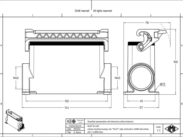 surface mounting housing, size 104.27, IL-BRID stainless steel, 1 lever, 2xM40 side