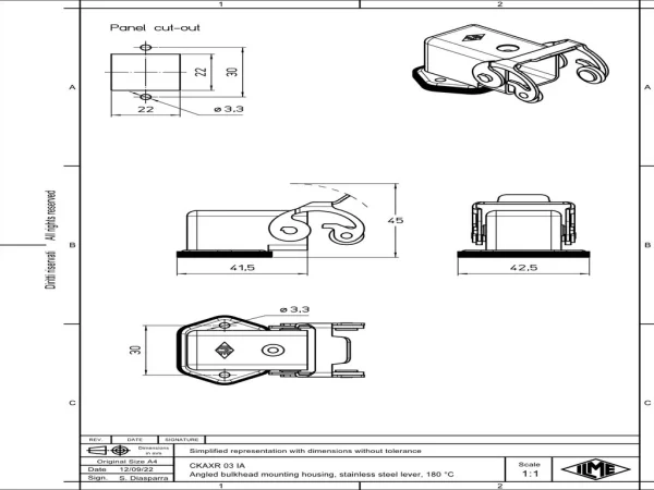 bulkhead mounting housing, angled, size 21.21, 180°C zinc, 1 lever stainless steel