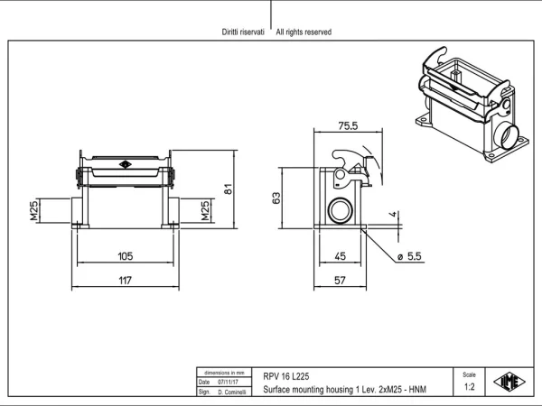 surface mounting housing, size 77.27, HNM alu, 1 lever, 2xM25 side