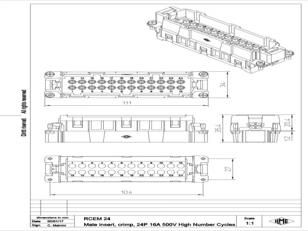 male insert, size 104.27, 24p+PE, crimp, 16A, 500V, HNM
