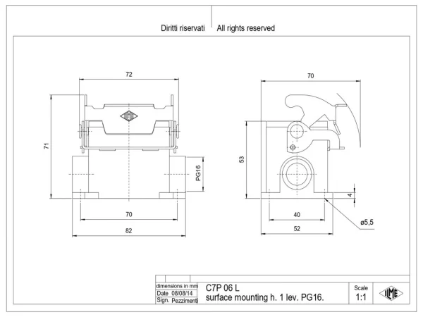 surface mounting housing, size 44.27, V-TYPE alu, 1 lever, 1xPG16 side