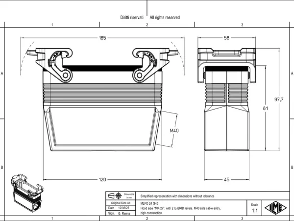 hood, size 104.27, IL-BRID stainless steel, 2 levers, 1xM40 side