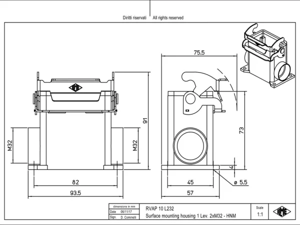 surface mounting housing, high, size 57.27, HNM alu, 1 lever, 2xM32 side