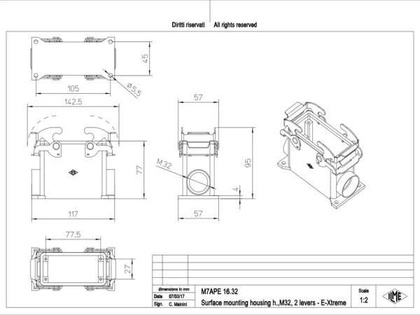surface mounting housing, high, size 77.27, E-Xtreme alu, 2 levers, 1xM32 side