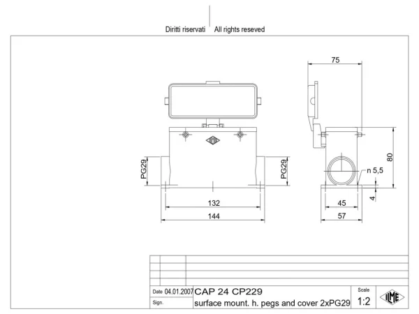 surface mounting housing, high, size 104.27, C-TYPE alu, 4 pegs, 2xPG29 side, cov.