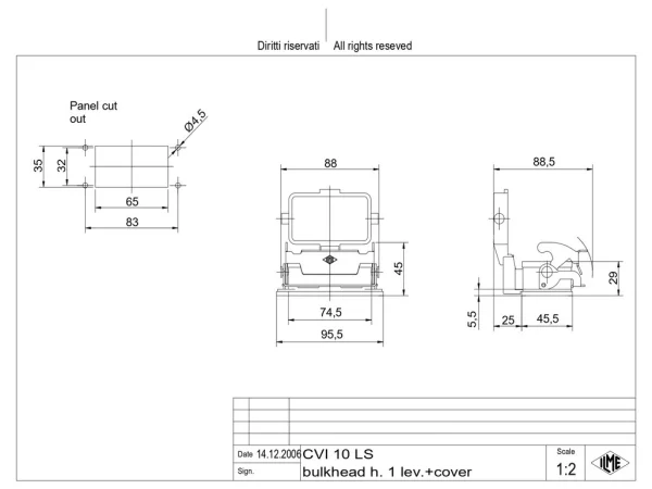 bulkhead mounting housing, size 57.27, V-TYPE alu, 1 lever, cover metal