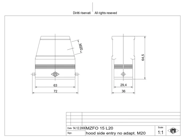 hood, high, size 49.16, IL-BRID alu, 2 pegs, 1xM20 side, no adaptor
