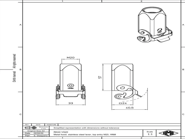 hood, size 21.21, HNM alu, 1 lever stainless steel, 1xM20 top