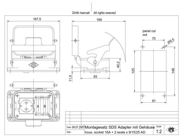 assembly kit, SDS adapter with 230V Schuko, with bulkhead mounting housing 104.62