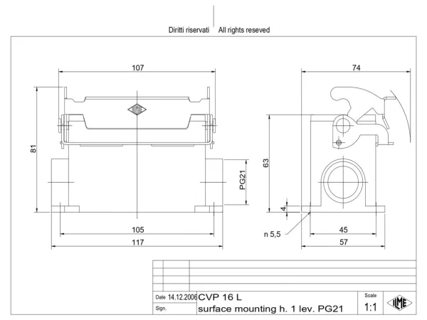 surface mounting housing, size 77.27, V-TYPE alu, 1 lever, 1xPG21 side