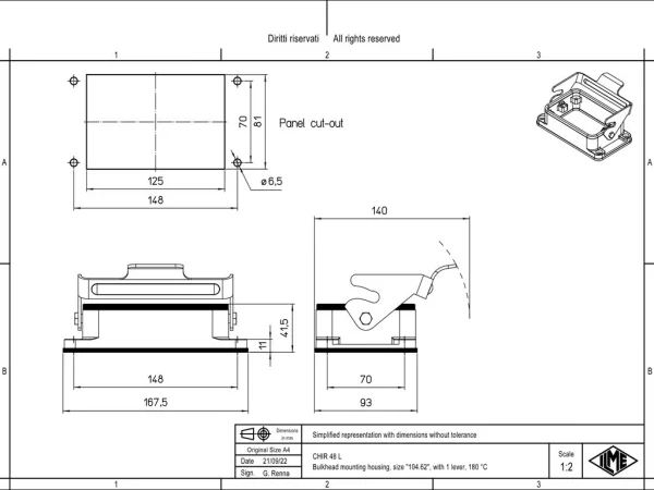 bulkhead mounting housing, size 104.62, 180 °C alu, 1 lever