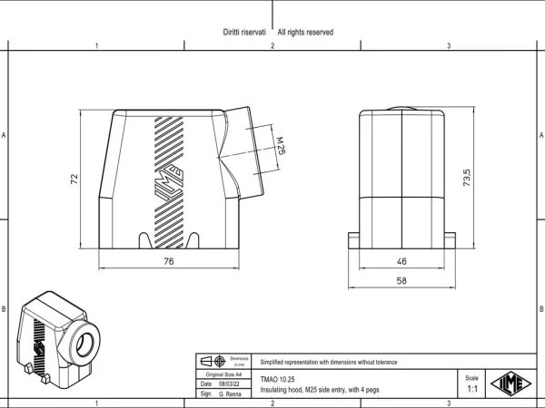 hood, high, size 57.27, T-TYPE plastic, 4 pegs, 1xM25 side