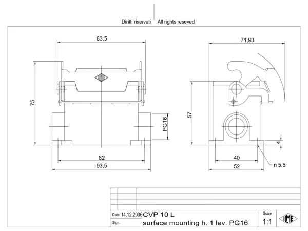 surface mounting housing, size 57.27, V-TYPE alu, 1 lever, 1xPG16 side