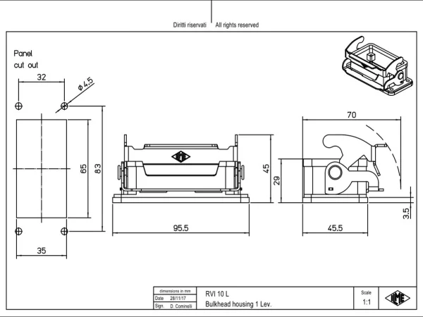 bulkhead mounting housing, size 57.27, HNM alu, 1 lever