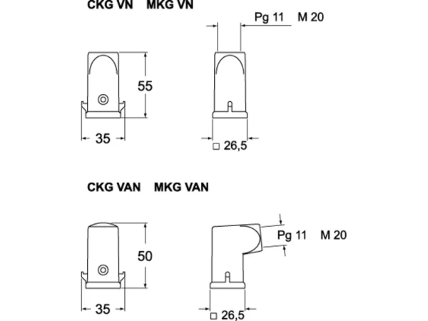hood, angled, size 21.21, CK plastic, 2 pegs, 1xM20 top, gasket