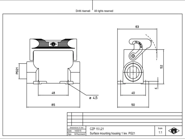 surface mounting housing, size 49.16, IL-BRID alu, 1 lever, 1xPG21 side