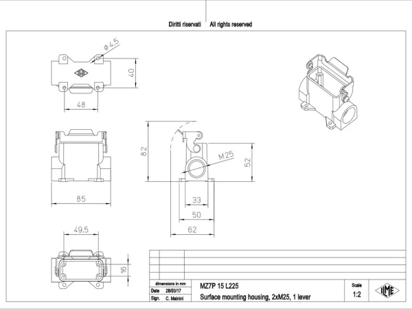 surface mounting housing, size 49.16, CZ7 alu, 1 rigid lever, 2xM25 side