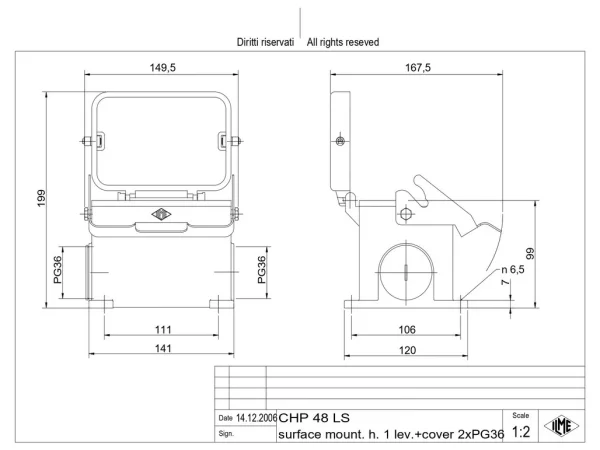 surface mounting housing, size 104.62, C-TYPE alu, 1 lever, 2xPG36 side, cov.