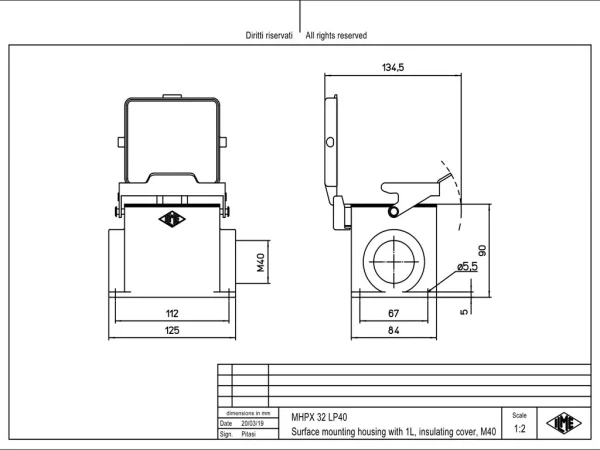 surface mounting housing, size 77.62, C-TYPE alu, 1 rigid lever stainless steel, 1xM40 side, cover plastic