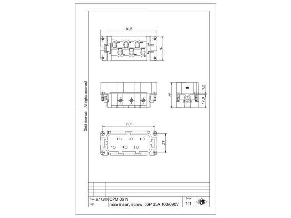 male insert, 6p+PE, silver, screw, 35, 400, 690V, for size 77.62,  black
