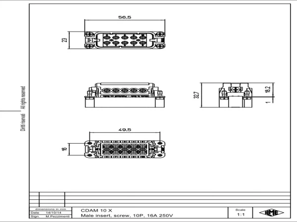 male insert, size 49.16, 10p+PE, silver, screw, 16A, 250V