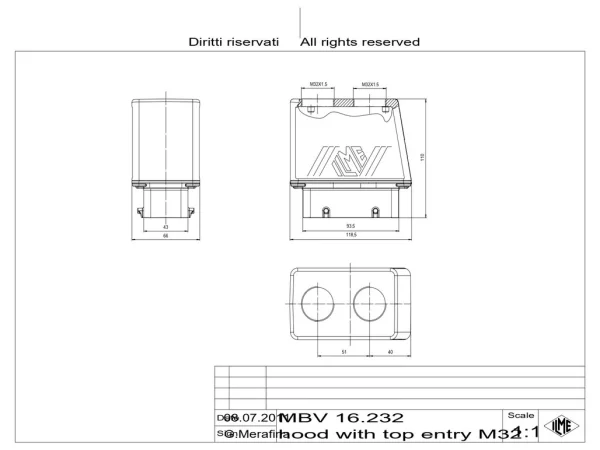hood, size 77.27, BIG alu, 4 pegs, 2xM32 top, extended terminal compartment
