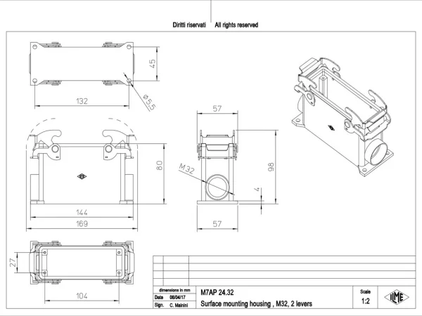 surface mounting housing, high, size 104.27, V-TYPE alu, 2 levers, 1xM32 side