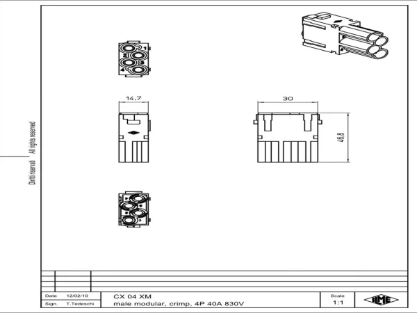 male insert, MIXO, 1MU, 4p, crimp, 40A, 830V