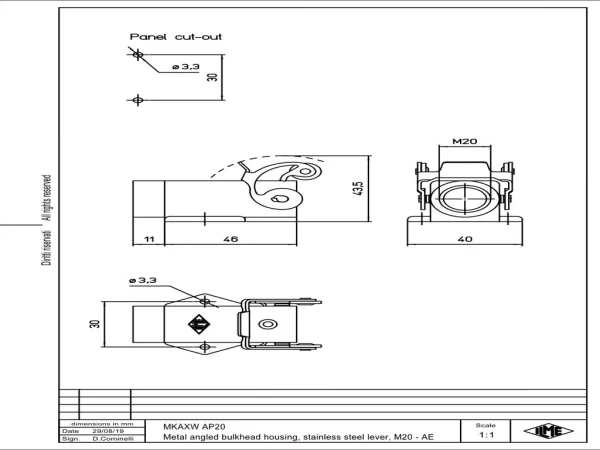 bulkhead mounting housing, angled, size 21.21, W-type zinc, 1 lever stainless steel, 1xM20 side, closed bottom