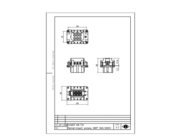 female insert, size 44.27, 6p+PE, silver, screw, 16A, 500V