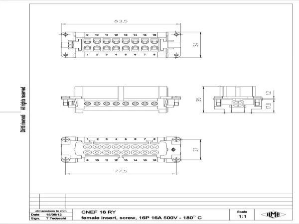 female insert, size 77.27, 16p+PE, silver, screw, 16A, 500V, 180°C